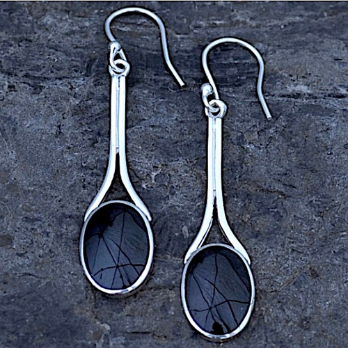 Large sterling silver wishbone drop earrings with oval Whitby Jet stones