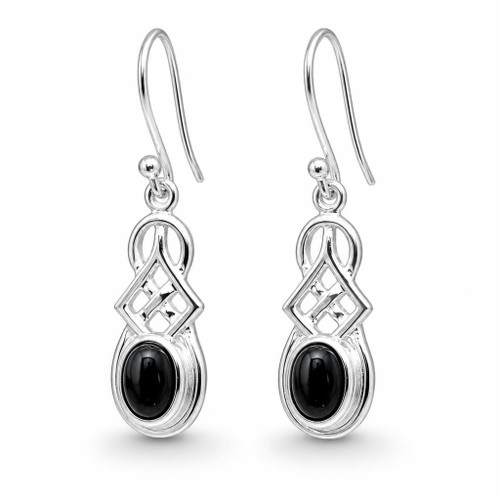 Hand crafted traditional sterling silver Celtic dangly earrings with oval Whitby Jet