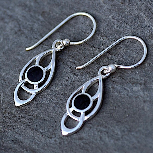 Hand crafted sterling silver Celtic loop drop earrings with round Whitby Jet stones