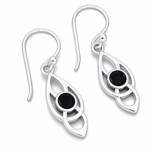 Hand crafted sterling silver Celtic loop drop earrings with round Whitby Jet stones