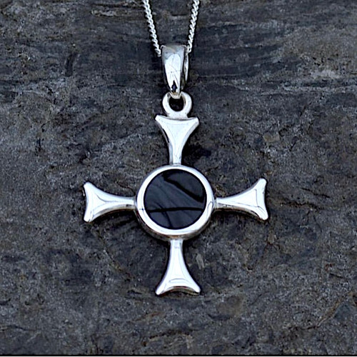 Hand crafted sterling silver and Whitby Jet Cross Pattee pendant necklace