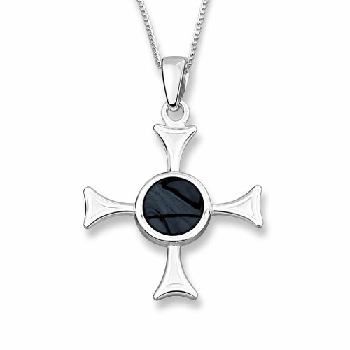 Hand crafted sterling silver and Whitby Jet Cross Pattee pendant necklace