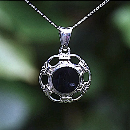 Whitby Jet sterling silver round chain link pendant necklace hand crafted 