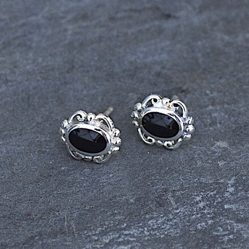 Hand crafted fancy oval scroll and bead sterling silver and Whitby Jet stud earrings