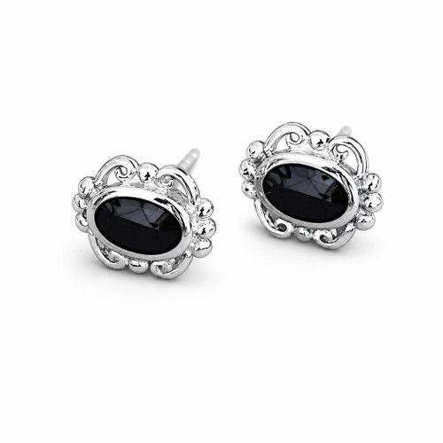 Hand crafted fancy oval scroll and bead sterling silver and Whitby Jet stud earrings