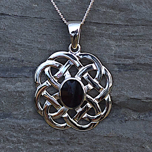 Hand crafted sterling silver Celtic Weave Whitby Jet Pendant necklace