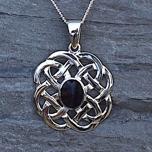 Large hand crafted Celtic knot silver pendant with hand carved oval Whitby Jet