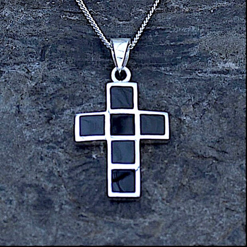 Hand crafted Sterling silver Whitby Jet Multi square stone Cross Pendant necklace