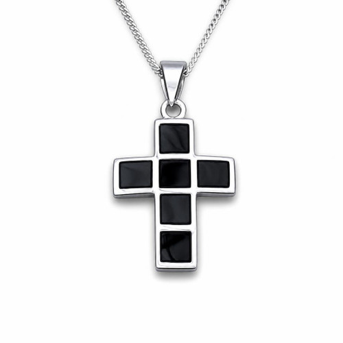 Hand crafted Sterling silver Whitby Jet Multi square stone Cross Pendant necklace