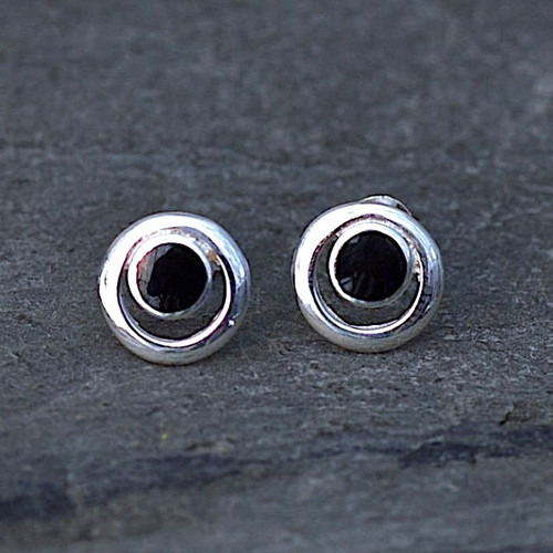 Hand crafted circular sterling silver Whitby Jet stud earrings