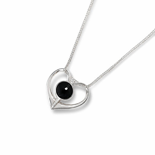 Hand crafted 925 silver open heart pendant with round natural black shiny gemstone