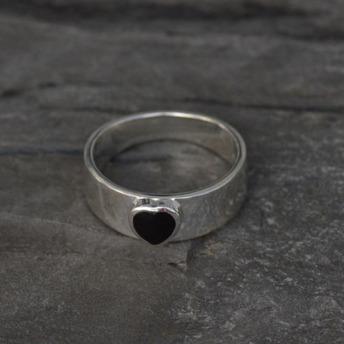 Sterling silver wide band ring with Whitby Jet love heart stone