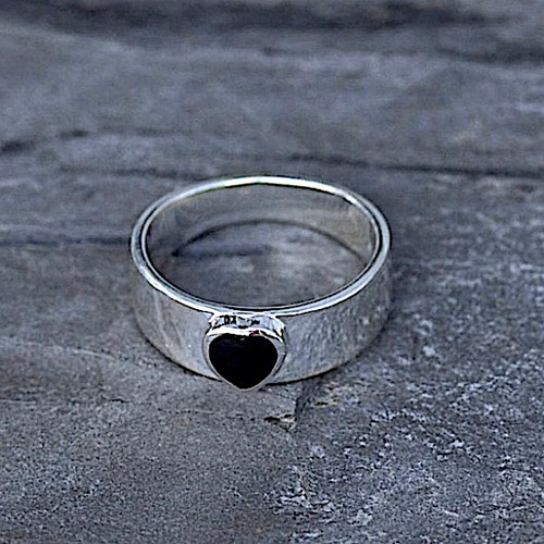 Sterling silver wide band ring with Whitby Jet love heart stone