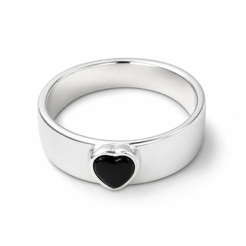 Sterling silver wide band ring with Whitby Jet love heart stone