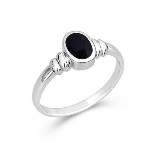 Sterling silver ring with ribbed shoulder and oval Whitby Jet stone