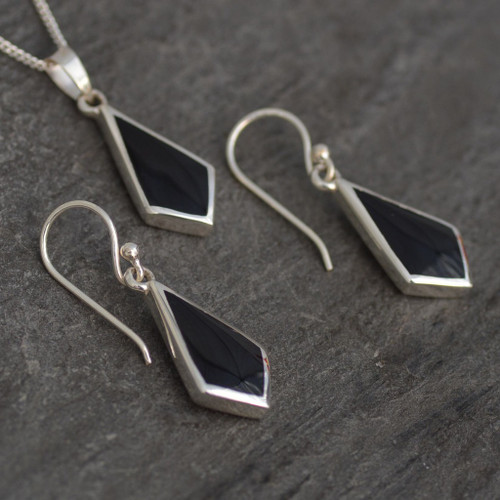 Hand crafted sterling silver and Whitby Jet diamond shaped pendant and earrings set