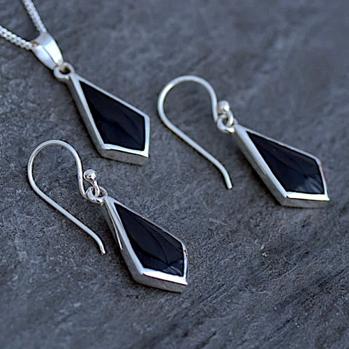 Hand crafted sterling silver Whitby Jet diamond shaped pendant earrings matching set