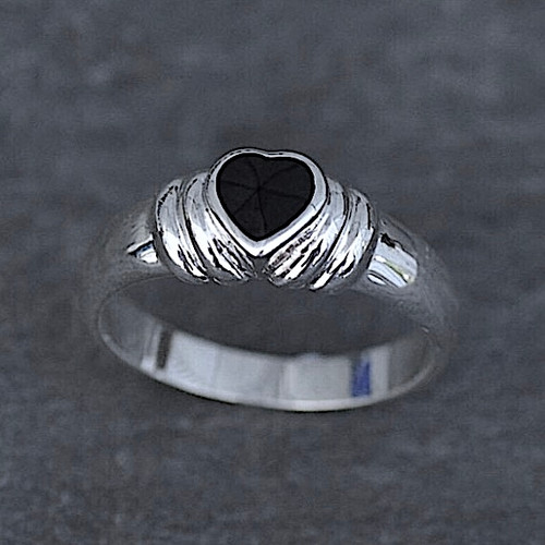 Tapered sterling silver ring with hand carved Whitby Jet love heart stone