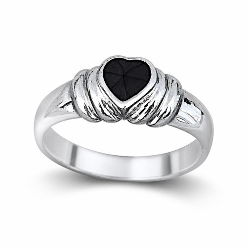 Tapered sterling silver ring with hand carved Whitby Jet love heart stone