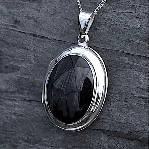 Hand crafted sterling silver Whitby Jet large oval locket pendant necklace