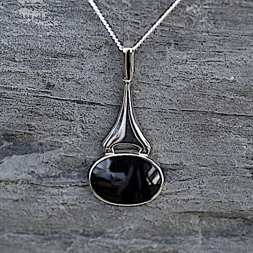 Large contemporary sterling silver pendant necklace with oval Whitby Jet stone