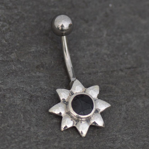 Hand crafted Whitby Jet and sterling silver flower on surgical steel belly button bar