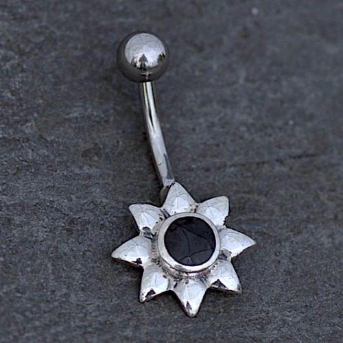 Hand crafted Whitby Jet sterling silver flower surgical steel belly button bar