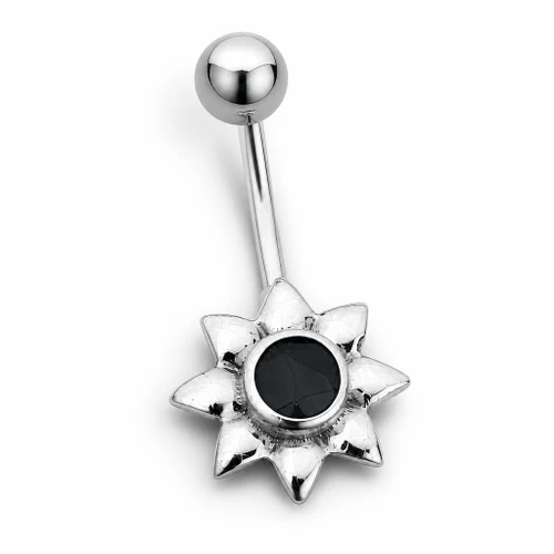 Hand crafted Whitby Jet sterling silver flower surgical steel belly button bar