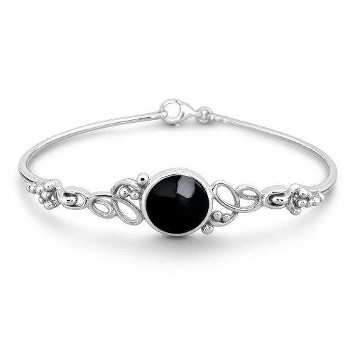 Hand crafted sterling silver fancy filigree bangle bracelet with round Whitby Jet black gemstone