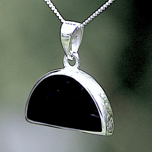 Hand crafted large semi circular sterling silver Whitby Jet pendant necklace