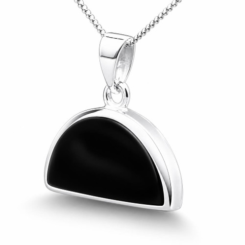Hand crafted large semi circular sterling silver Whitby Jet pendant necklace
