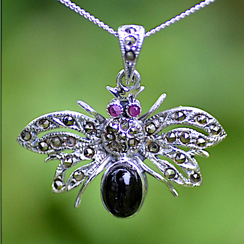 Large ornate Whitby Jet sterling silver Swiss Marcasite moth pendant necklace 