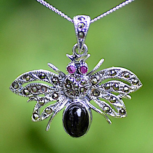 Large ornate Whitby Jet sterling silver Swiss Marcasite moth pendant necklace 