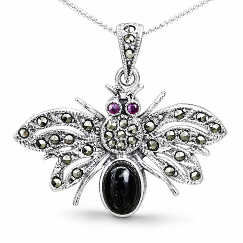 Large ornate Whitby Jet sterling silver Swiss Marcasite moth pendant necklace 