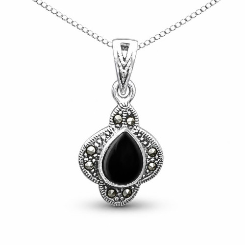 Glamorous Whitby Jet Swiss Marcasite Sterling silver teardrop stone necklace