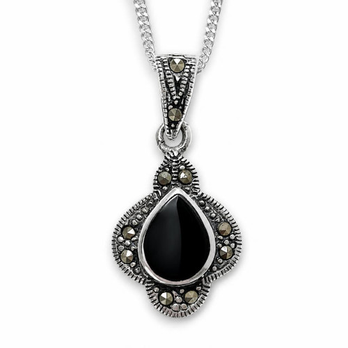 Glamorous Whitby Jet Swiss Marcasite Sterling silver teardrop stone necklace