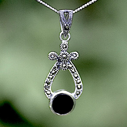 Whitby Jet and Swiss Marcasite sterling silver wishbone fancy pendant necklace