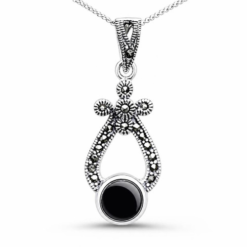 Whitby Jet and Swiss Marcasite sterling silver wishbone fancy pendant necklace