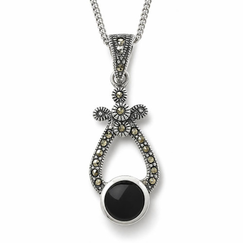 Whitby Jet and Swiss Marcasite sterling silver wishbone fancy pendant necklace