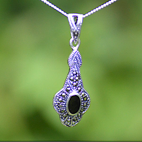 Long fancy Whitby Jet Swiss Marcasite and sterling silver oval stone pendant