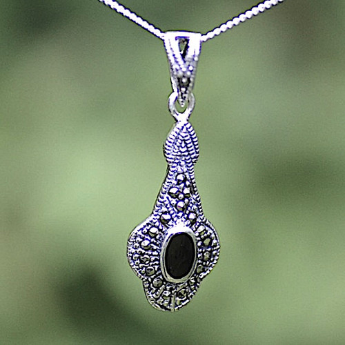 Long fancy Whitby Jet Swiss Marcasite sterling silver oval stone pendant necklace