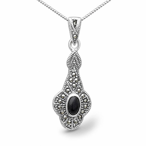 Long fancy Whitby Jet Swiss Marcasite sterling silver oval stone pendant necklace
