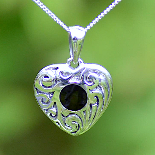 Classic textured Whitby Jet and sterling silver scroll pendant