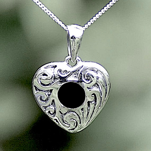 Hand crafted textured Whitby Jet sterling silver scroll pendant necklace round stone
