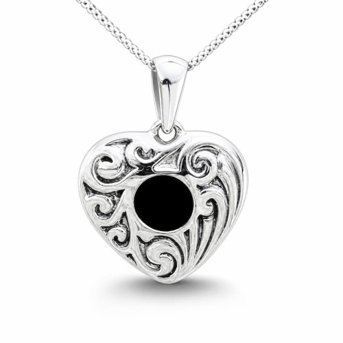 Hand crafted textured Whitby Jet sterling silver scroll pendant necklace round stone