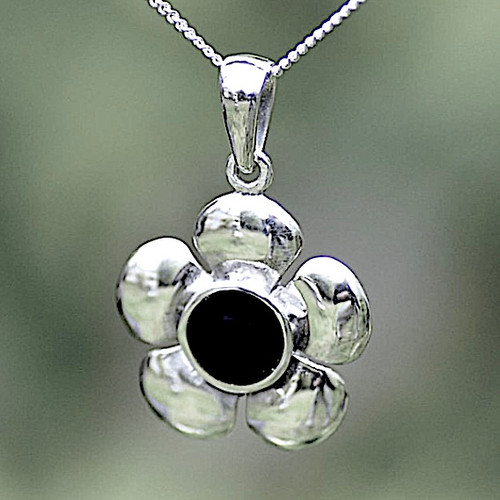 Hand crafted sterling silver buttercup pendant necklace with round Whitby Jet stone