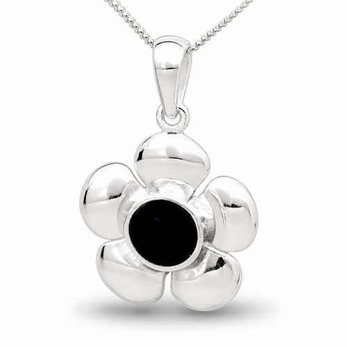Hand crafted sterling silver buttercup pendant necklace with round Whitby Jet stone