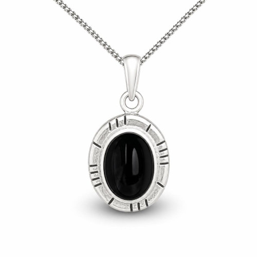 Hand crafted oval wide ribbed edge Whitby Jet sterling silver pendant necklace