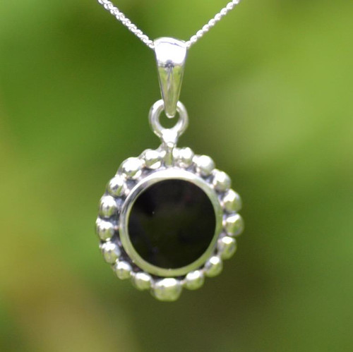 Round sterling silver Whitby Jet beaded pendant