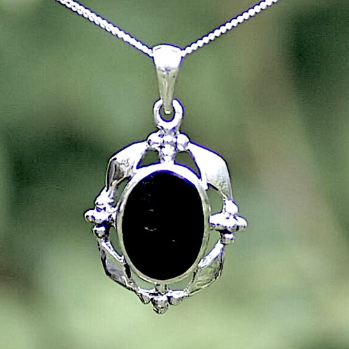 Hand crafted sterling silver Whitby Jet fancy oval beaded pendant necklace